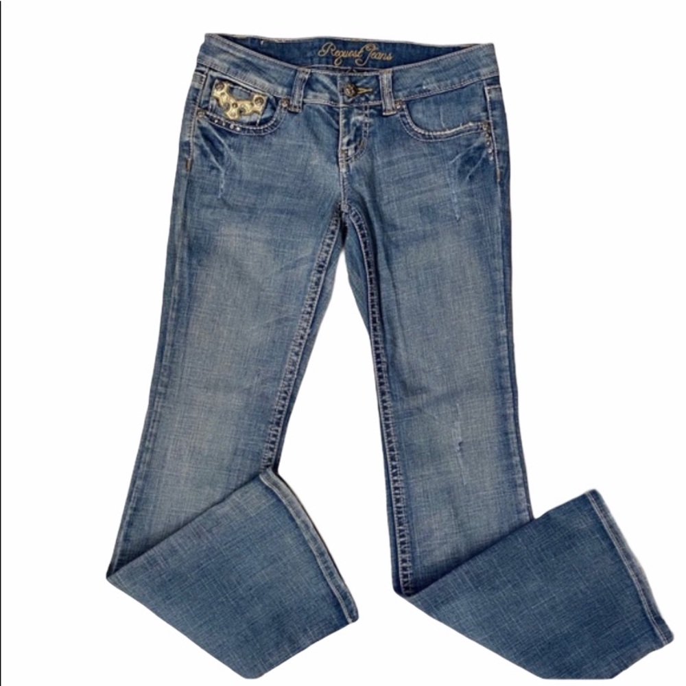 Request Skinny Lower Rise Bootcut Jeans w Leather Studs Bling 30